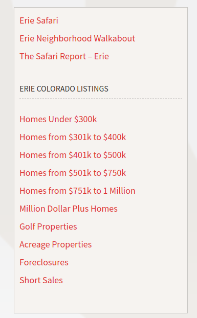 Screenshot of the sidebar of the site that has links to real estate searches using other criteria.