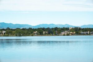 Sloan's Lake restoration: view across Sloan's Lake in Northwest Denver toward the Rocky Mountain foothills