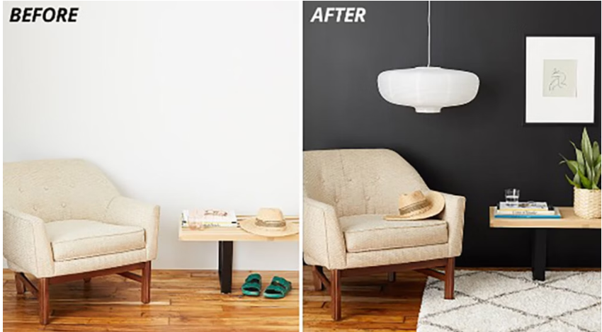 Before and after comparison of a matte black accent wall transformation in a modern living room