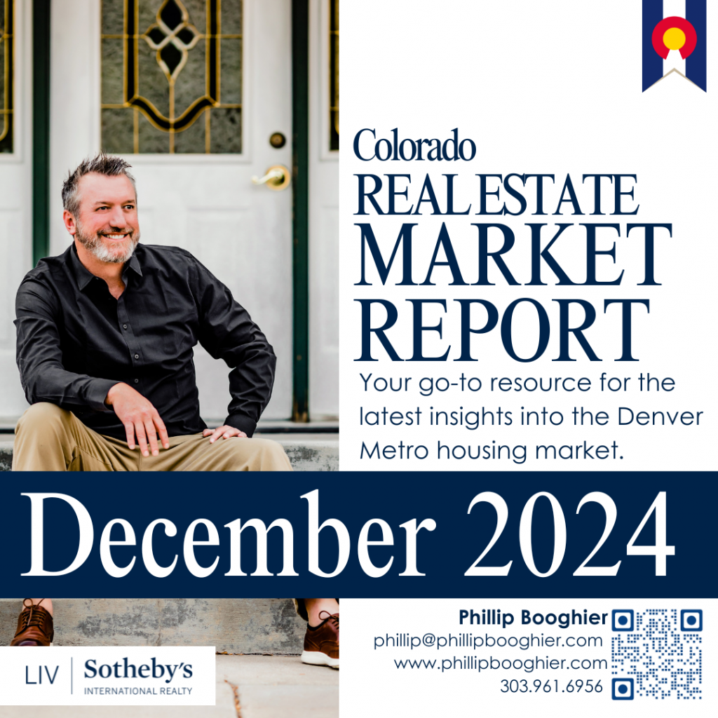 Featured image for Colorado Real Estate Market Report December 2024. The image shows Phillip Booghier, a professional real estate advisor, seated on a front porch. Text on the image reads 'Colorado Real Estate Market Report - December 2024. Your go-to resource for the latest insights into the Denver Metro housing market.' LIV Sotheby’s International Realty branding and contact details are included, along with a Colorado flag ribbon design