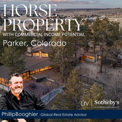 Aerial view of Heritage Ranch in Parker, Colorado, showcasing the property’s main residence, surrounding wooded acreage, and commercial income potential. Featuring Phillip Booghier, Global Real Estate Advisor.