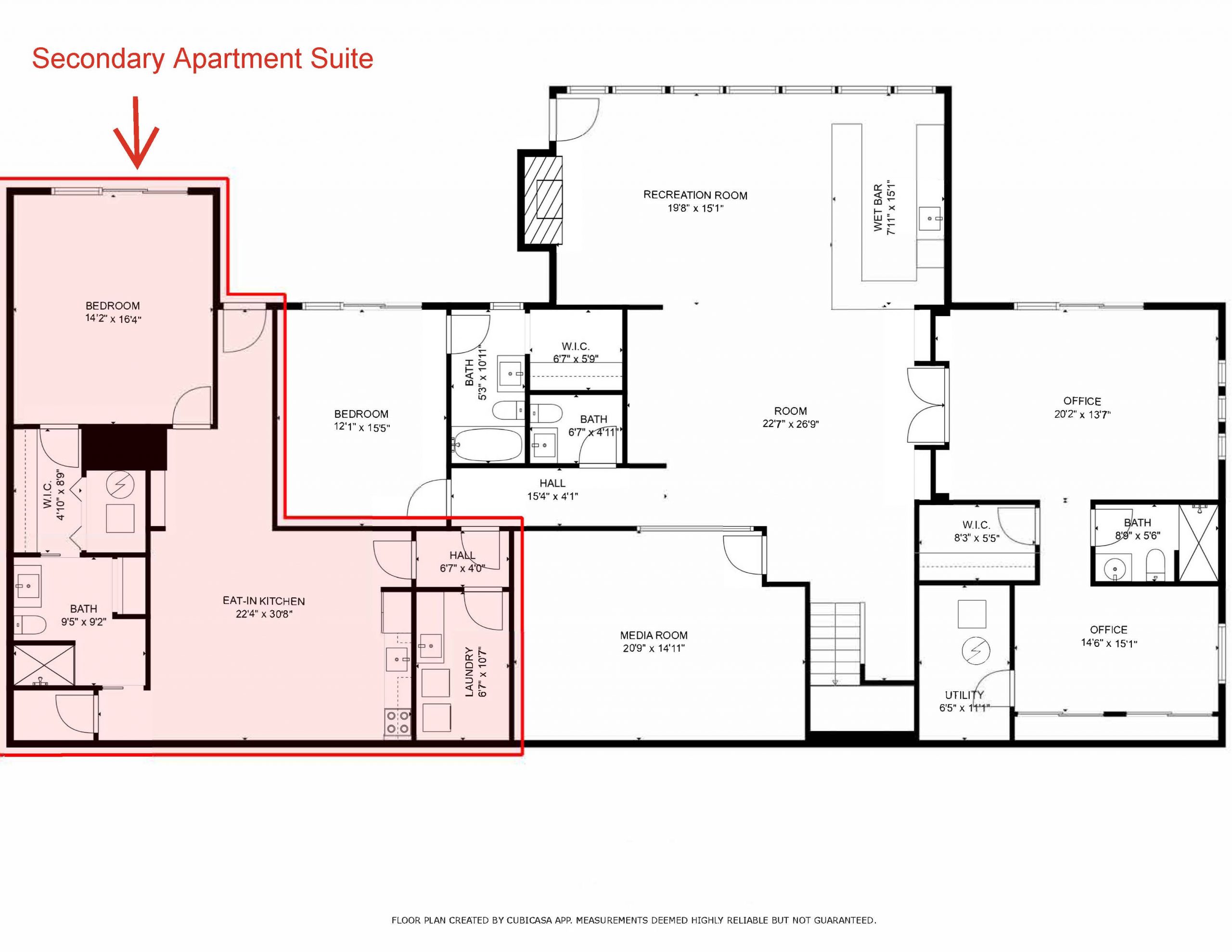Floor plan of the lower-level apartment suite at 8740 Hilltop Road highlighting the private living quarters, full kitchen, and separate entrance