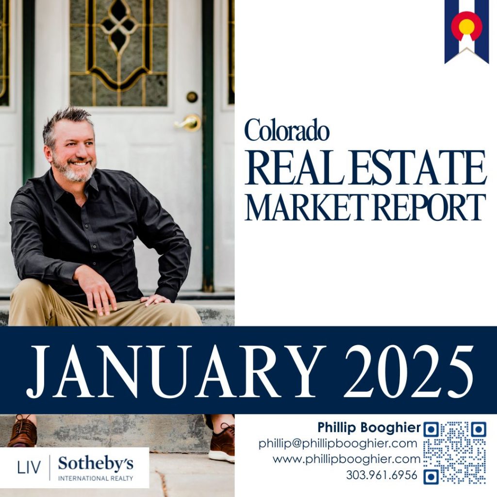 Colorado Real Estate Market Report January 2025 featuring Phillip Booghier, a real estate advisor with LIV Sotheby’s International Realty, sitting on the steps of a home with a welcoming smile. The report title and contact information are displayed