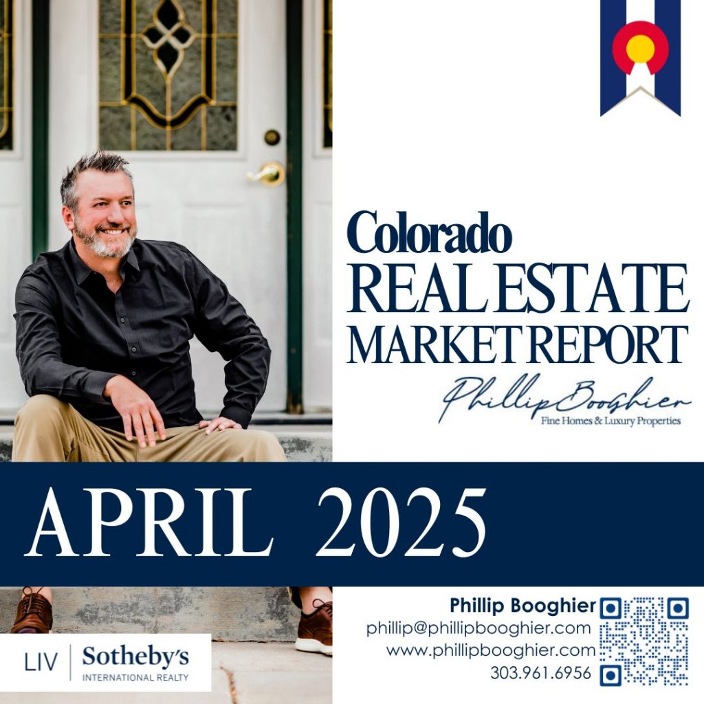 Phillip Booghier sitting on a front porch in front of glass-paneled doors, promoting the April 2025 Colorado Real Estate Market Report.
