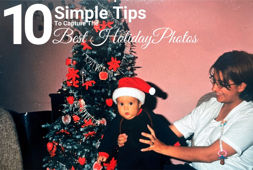 Holiday lifestyle photography showing a child in a red dress watching a family open Christmas gifts in a warmly lit living room