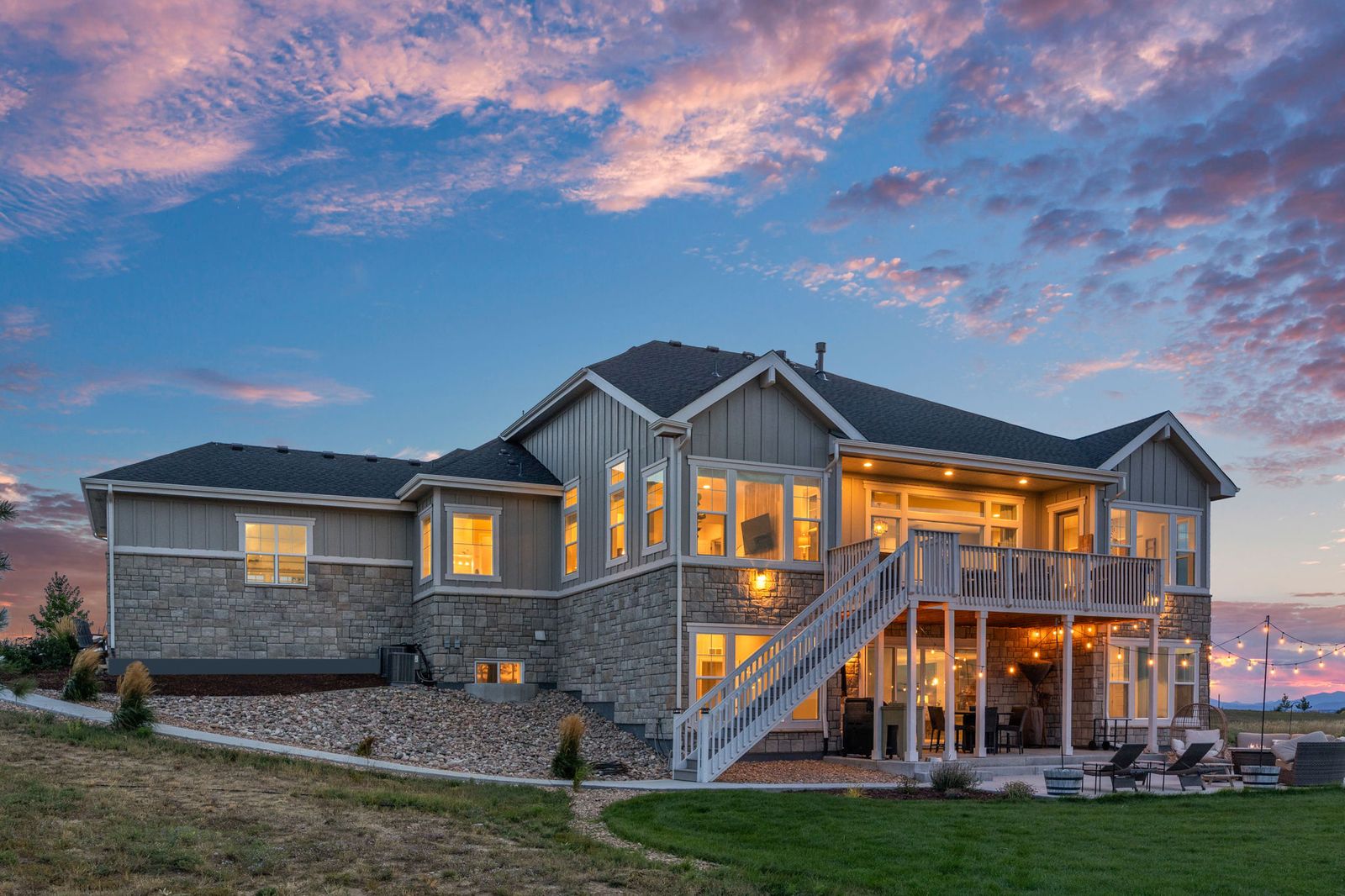 Eight-acre estate at 9141 Red Primrose Street, Franktown, Colorado, at dusk