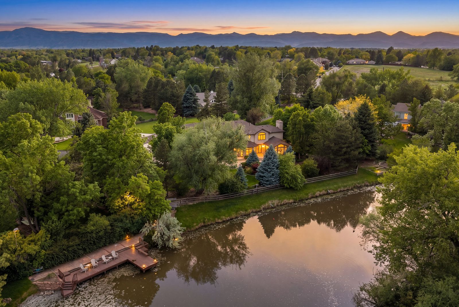 Aerial of the waterfront home at 4443 W Cottonwood Place, Littleton, Colorado